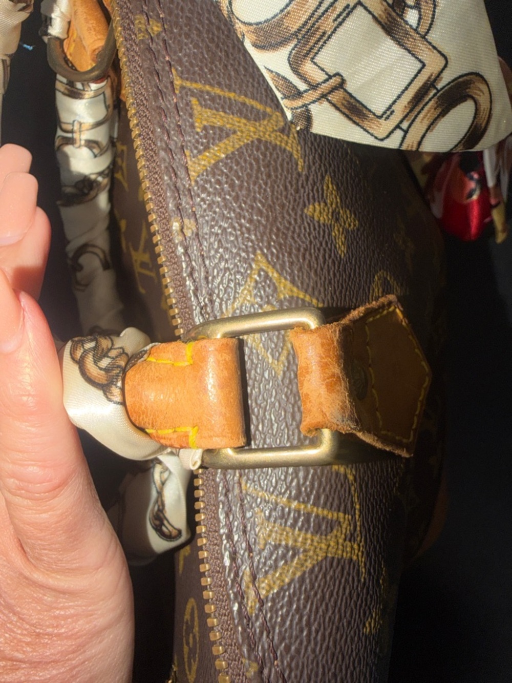 Louis Vuitton Alma Brown Monogram Satchel with Tan Trim and Red Accent Scarves - Picture 11 of 14
